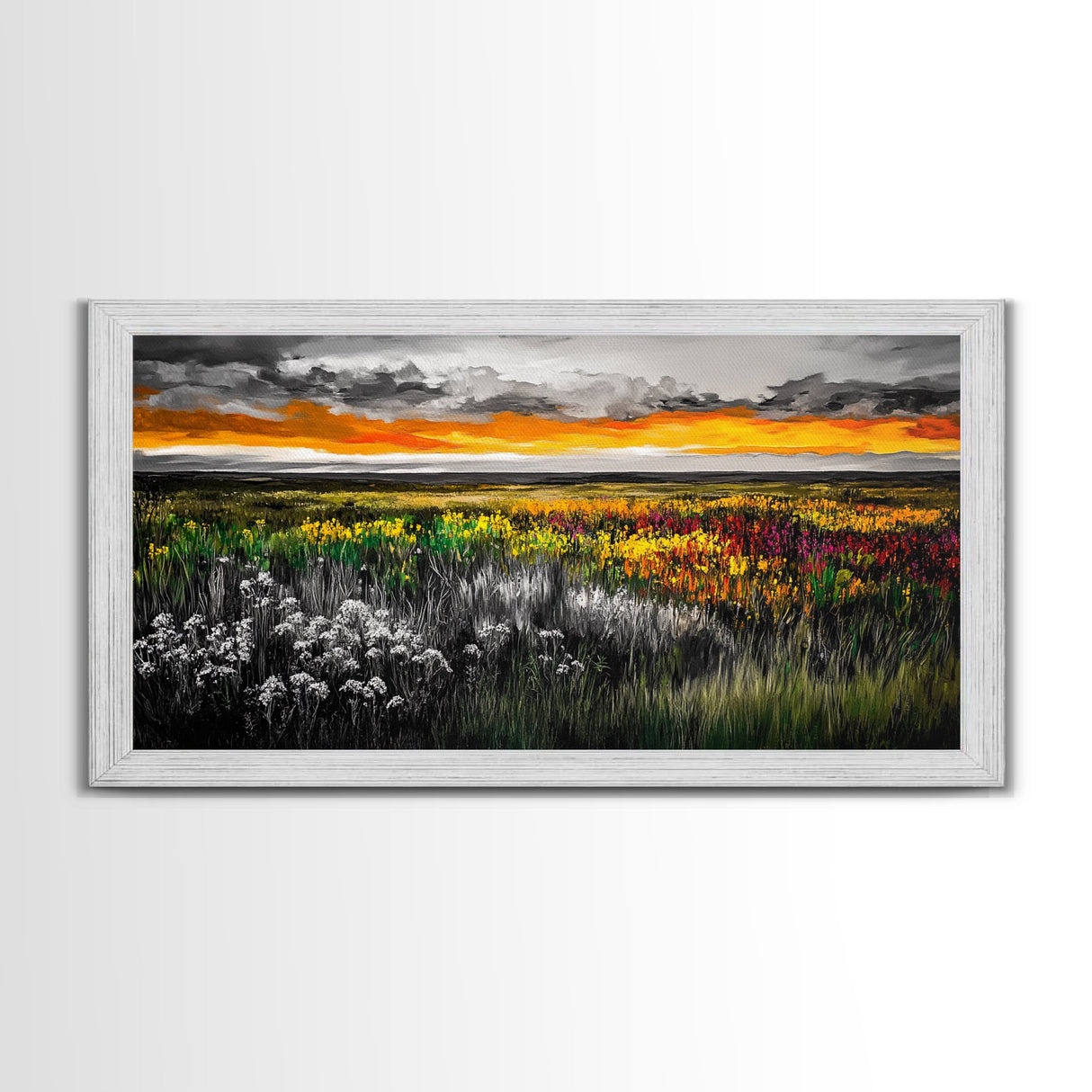 Vibrant Sunset, Colorful Sky, Wildflower Meadow, Framed Canvas Print, Fall Landscape, Nature Art, Living Room Decor, Rustic Warmth