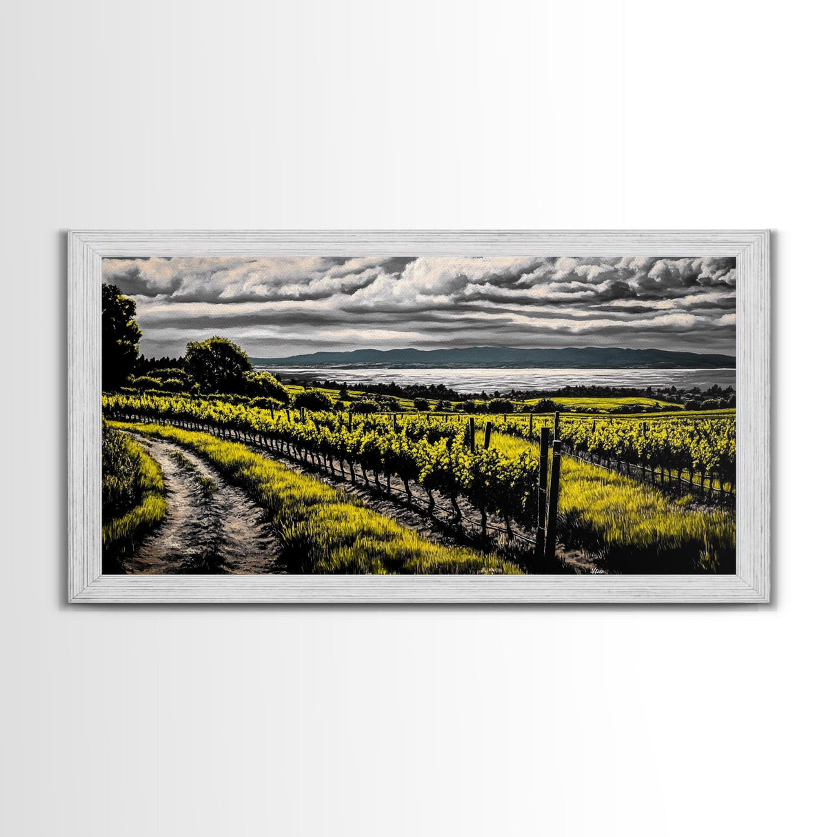 Vineyard View, Rolling Hills, Country Art, Framed Canvas Print, Rustic Landscape, Black White Yellow, Living Room Wall Art, Large Canvas