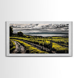 Vineyard View, Rolling Hills, Country Art, Framed Canvas Print, Rustic Landscape, Black White Yellow, Living Room Wall Art, Large Canvas
