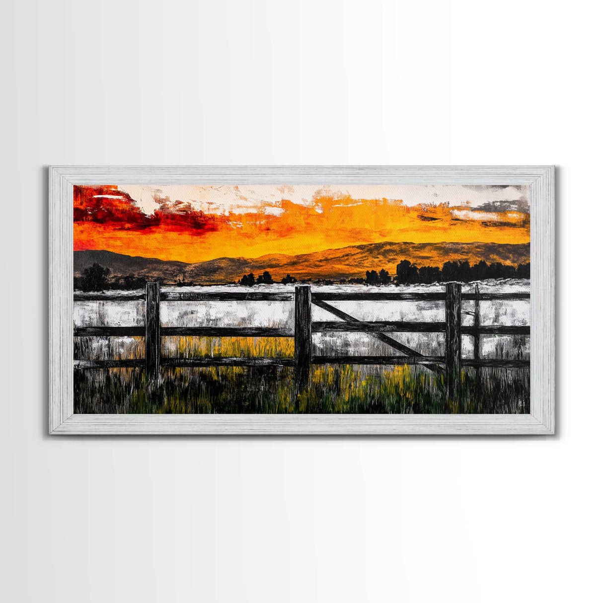 Sunset Fence, Mountain View, Rustic Canvas Print, Large Wall Art, Autumn, Farmhouse Painting, Framed Canvas Print, Moody Home Decor