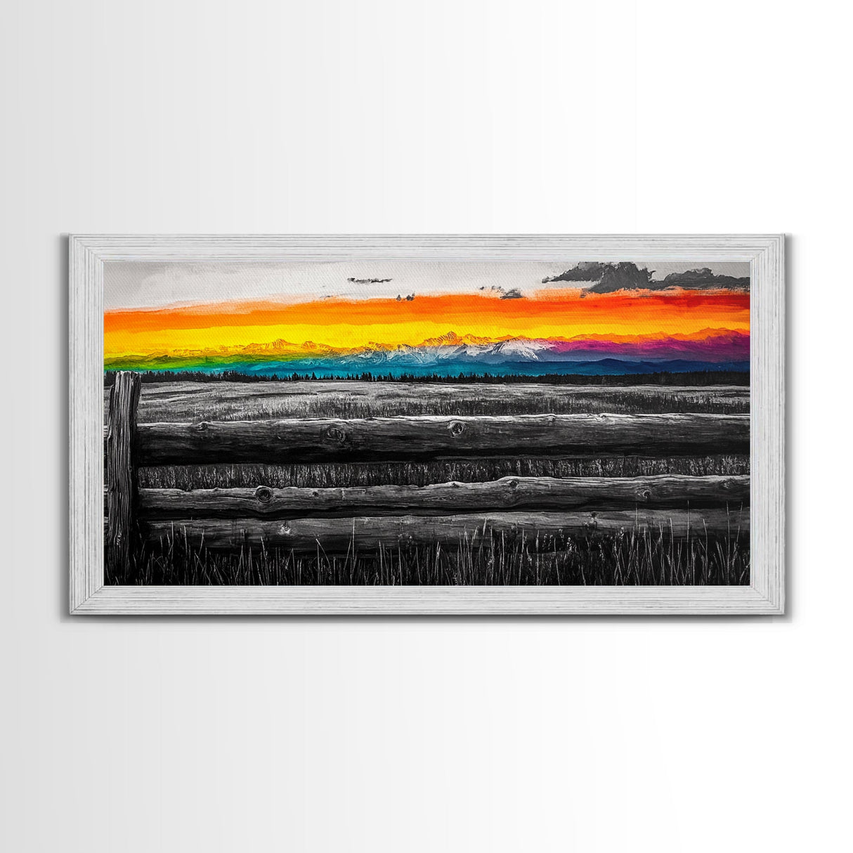 Mountain Sunset, Colorful Landscape, Rustic Wall Art, Cabin Decor, Nature Painting, Western Art, Large Wall Art, Framed Canvas Print
