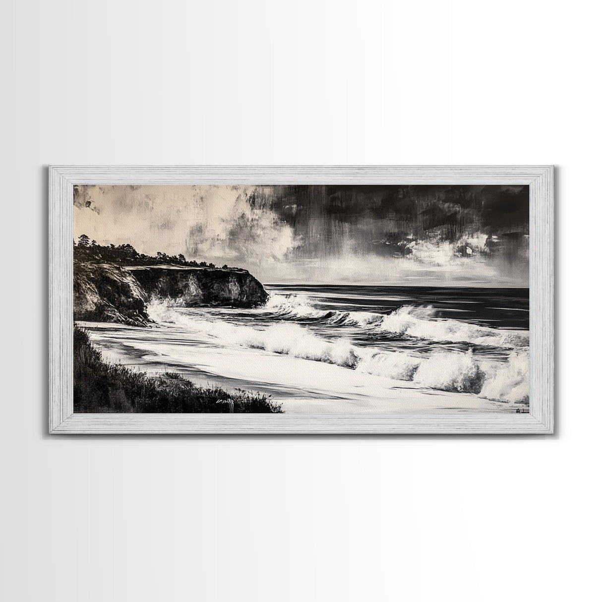 Ocean Waves, Coastal Landscape, Black and White, Framed Canvas Print, Nautical Wall Art, Minimalist Art, Living Room Wall Decor