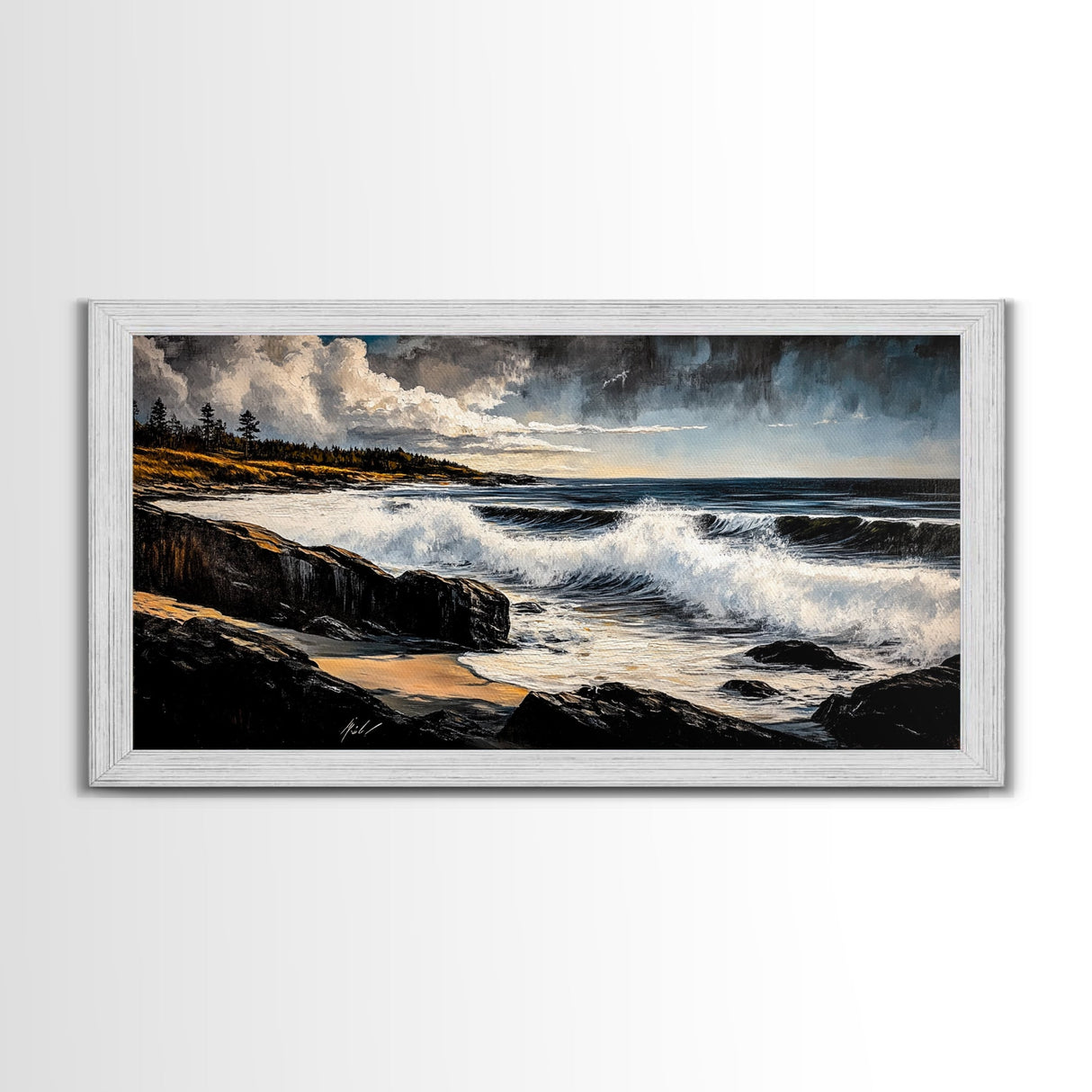 Stormy Waves, Dramatic Seascape, Moody Sky, Framed Canvas Print, Beach House Art, Living Room Wall Art, Modern Coastal Decor