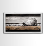 Seashell and Waves, Nautical Art, Coastal Beach Decor, Black and White Seascape, Ocean Home Art, Framed Canvas Print, Elegant Art