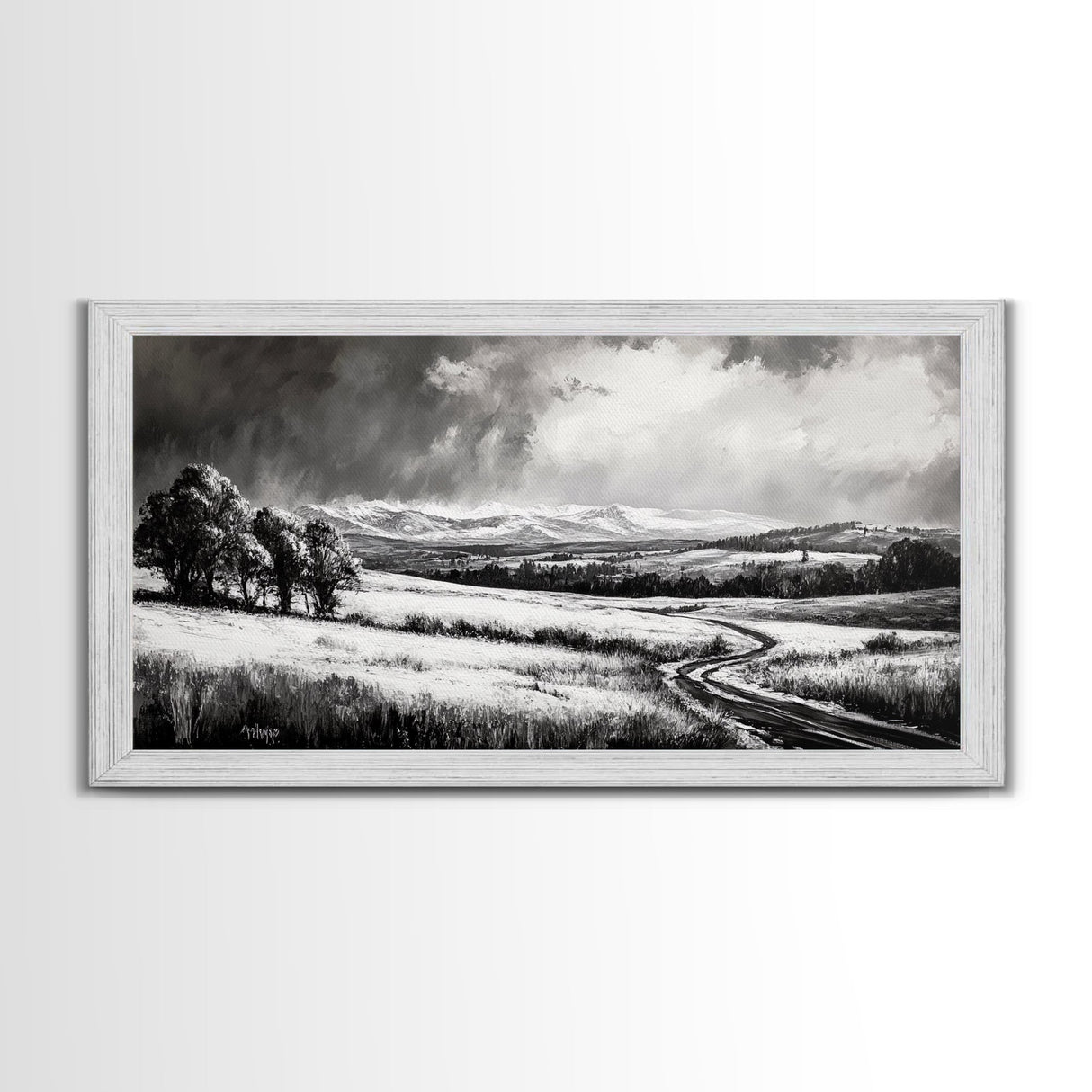 Winter Landscape, Black White, Scenic Country Road, Framed Canvas Print, Serene Nature Art, Rustic Wall Decor, Bedroom Artwork