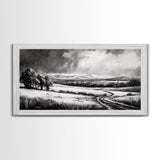 Winter Landscape, Black White, Scenic Country Road, Framed Canvas Print, Serene Nature Art, Rustic Wall Decor, Bedroom Artwork