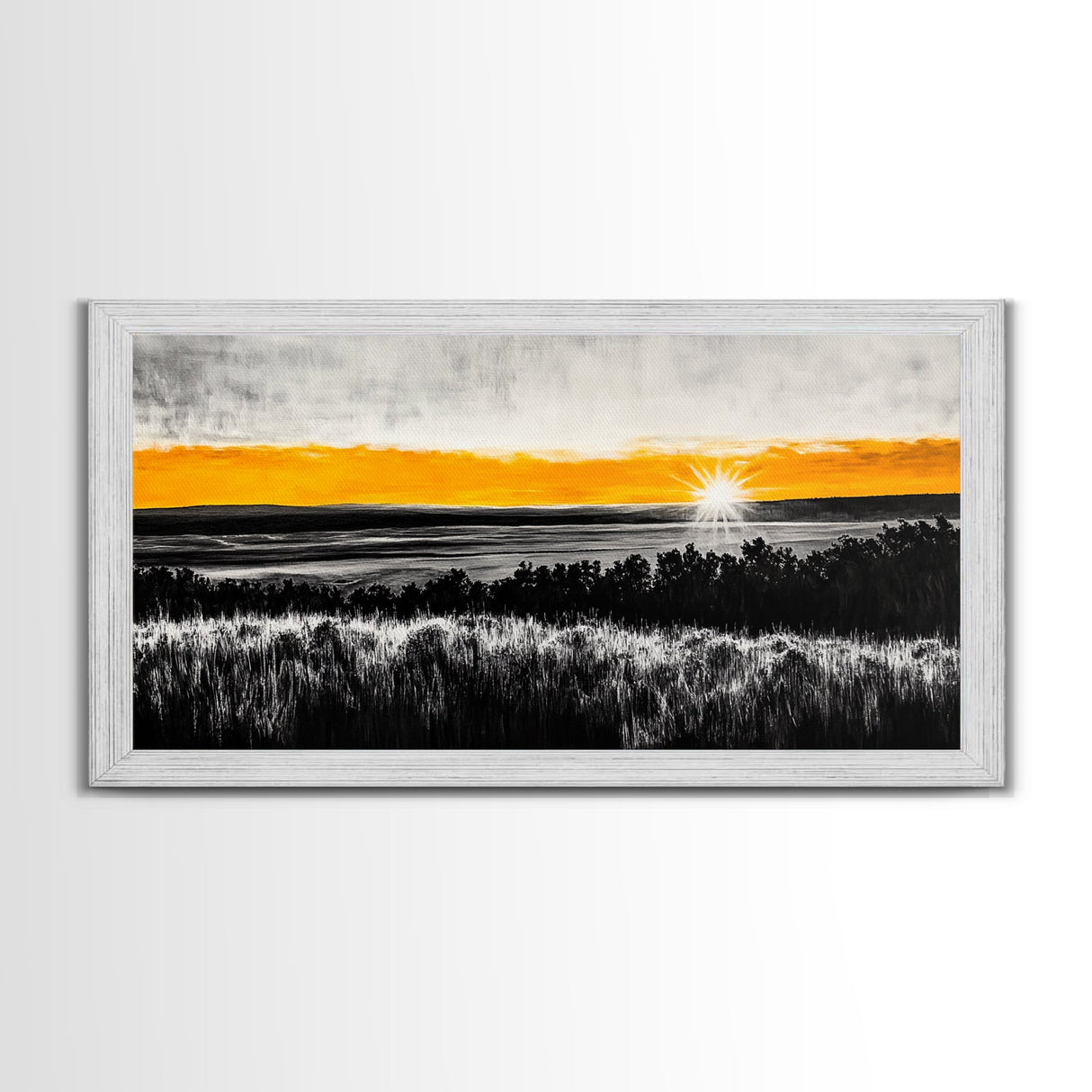 Sunrise Over Fields, Golden Light, Black and White Contrast, Tranquil Scene, Minimalist Wall Art, Warm Tones, Framed Canvas Print