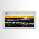 Sunrise Over Fields, Golden Light, Black and White Contrast, Tranquil Scene, Minimalist Wall Art, Warm Tones, Framed Canvas Print