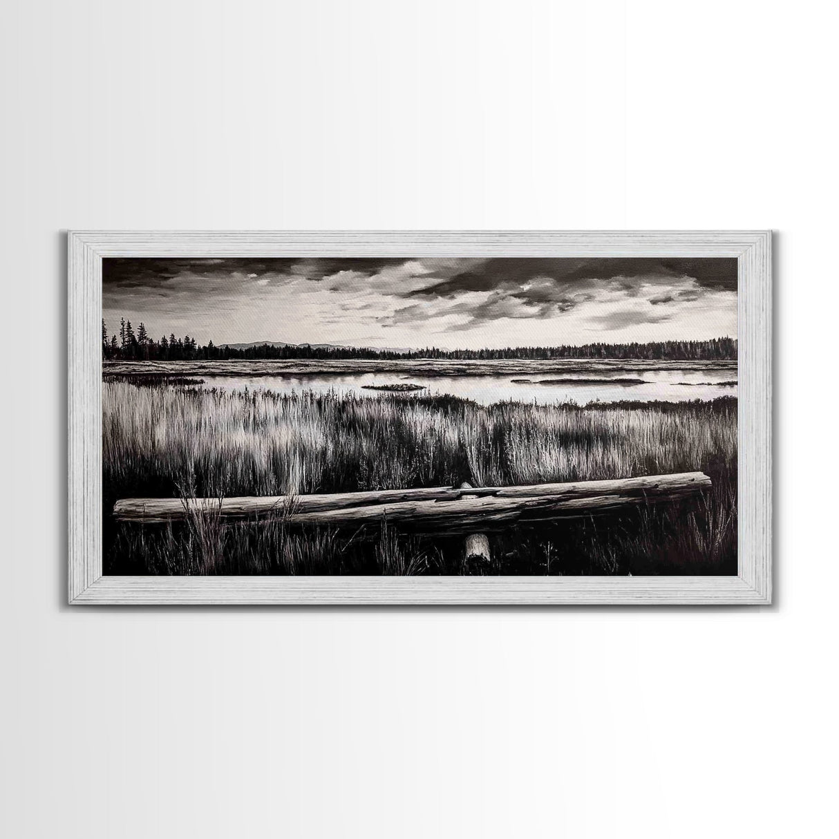 Marshland, Serene, Nature, Black and White, Framed Canvas Print, Landscape Painting, Rustic Wall Art, Cabin Decor, Neutral Tone Art