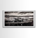 Marshland, Serene, Nature, Black and White, Framed Canvas Print, Landscape Painting, Rustic Wall Art, Cabin Decor, Neutral Tone Art