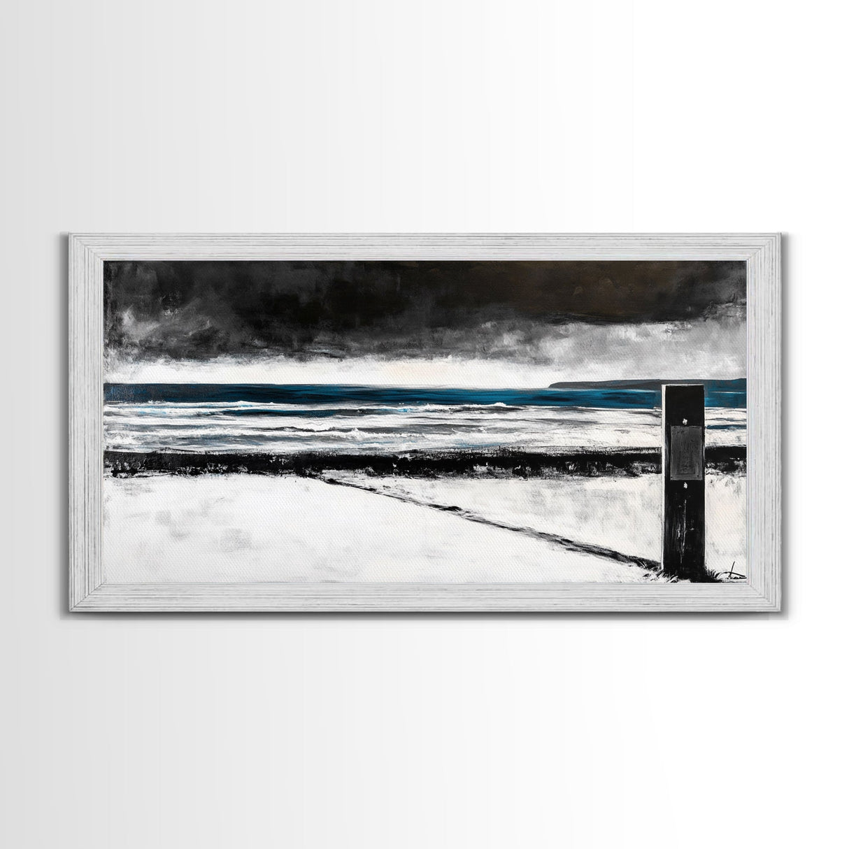 Stormy Beach Scene, Moody Ocean Painting, Coastal Wall Art, Dark Seascape Print, Framed Canvas Print, Dramatic Home Decor