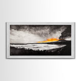 Volcano Eruption, Dramatic Landscape Art, Black and White Wall Art, Fiery Sunset Painting, Large Framed Canvas Print, Office Decor