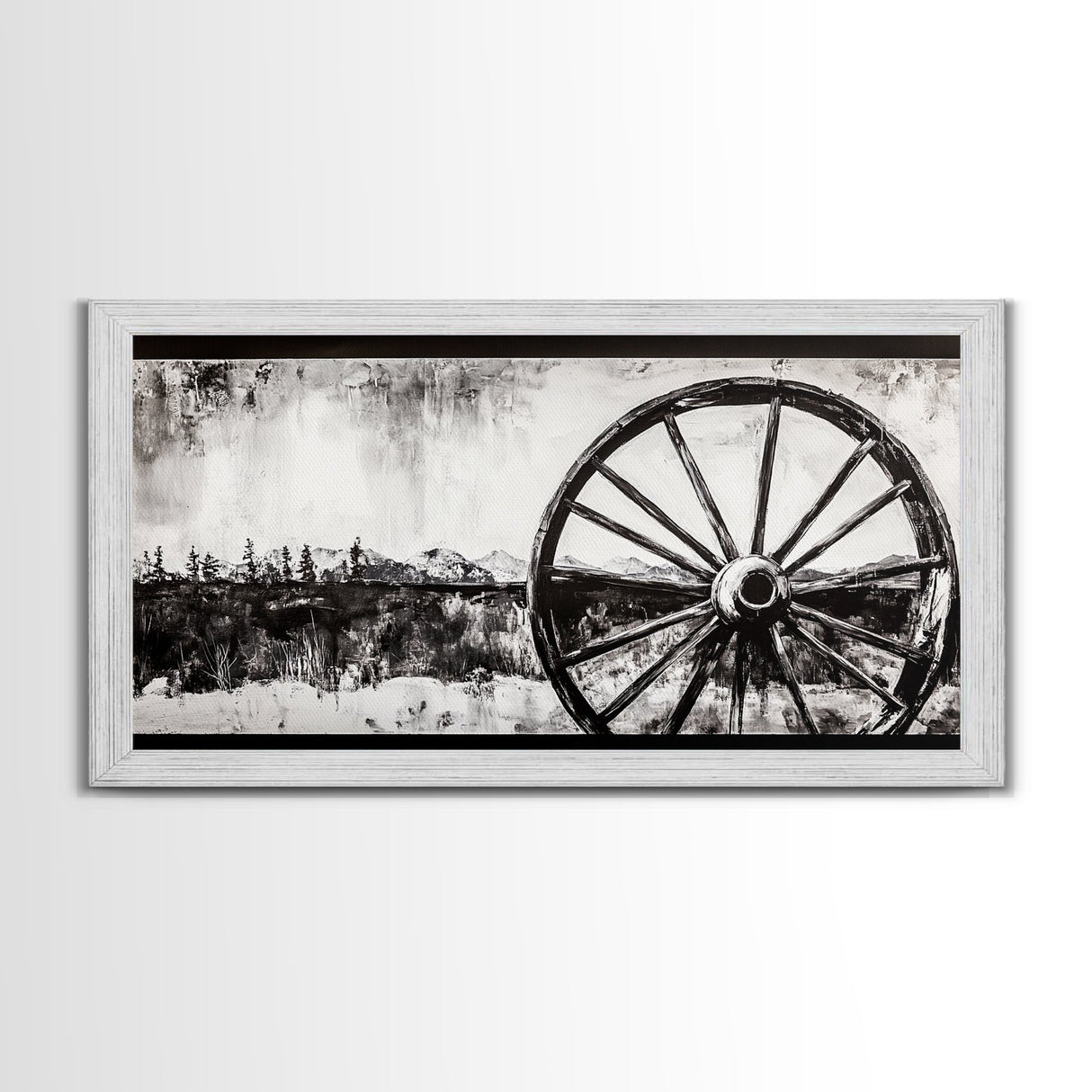 Wagon Wheel, Mountain Landscape, Black and White Western Art, Rustic Home Decor, Framed Canvas Print, Farmhouse Living Room Art
