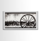 Wagon Wheel, Mountain Landscape, Black and White Western Art, Rustic Home Decor, Framed Canvas Print, Farmhouse Living Room Art