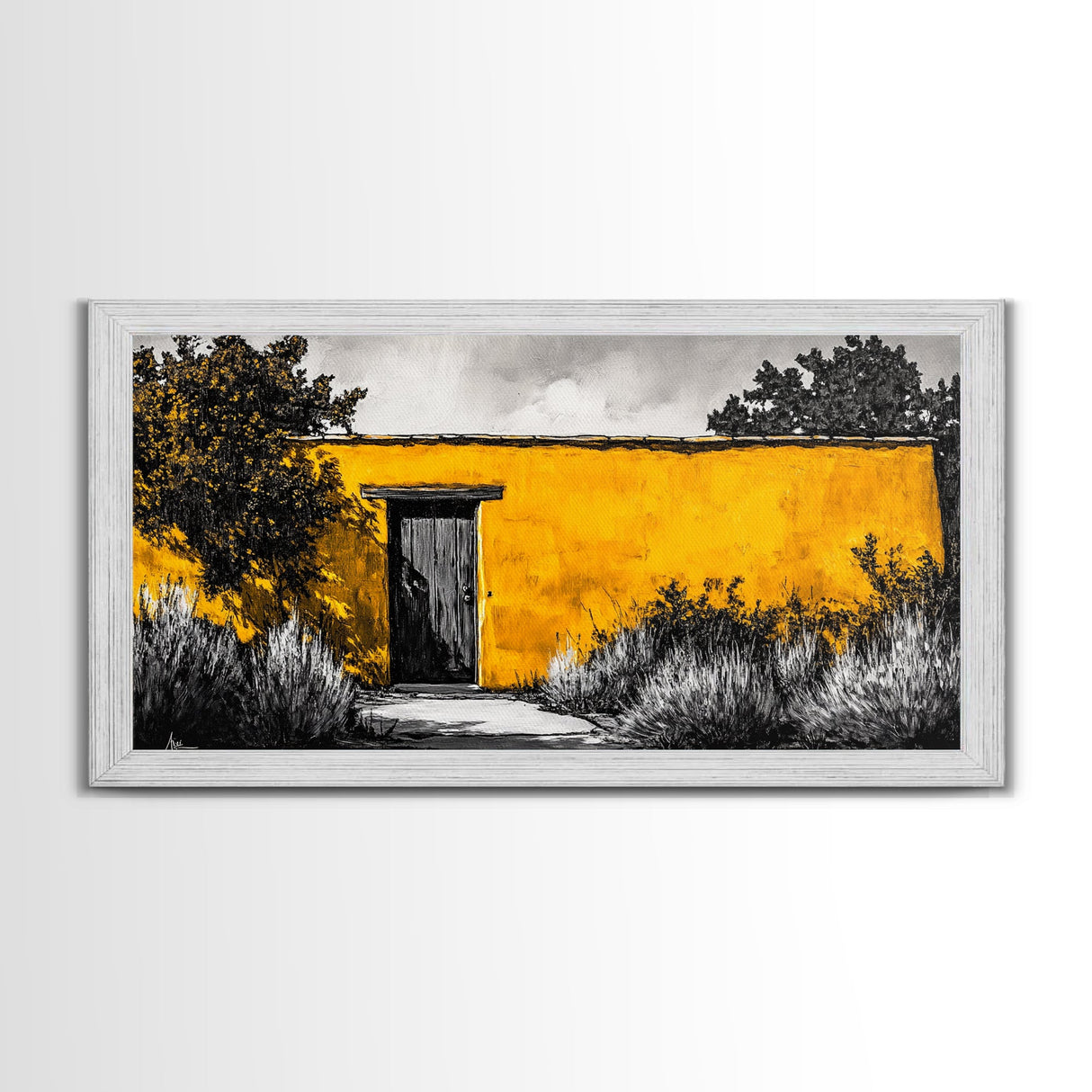 Adobe House, Southwestern Art, Yellow Wall Painting, Rustic Desert Decor, Black and White Canvas Print, Living Room Wall Art