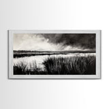 Marshland Landscape, Moody Black and White Art, Nature Wall Decor, Large Framed Canvas Print, Serene Wetlands Painting