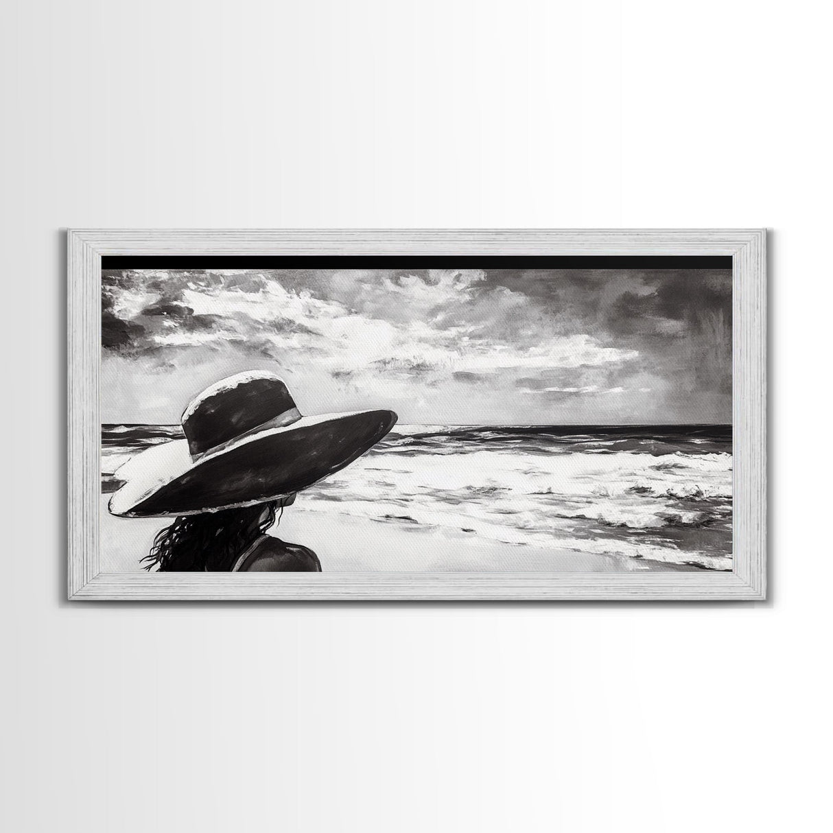 Woman at Beach, Black and White Wall Art, Minimalist Canvas Print, Modern Coastal Decor, Ocean View Art, Living Room Wall Art