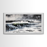 Ocean Wave, Coastal Art, Large Wall Art, Black and White Painting, Abstract Seascape, Living Room Decor, Framed Canvas Print, Beach House