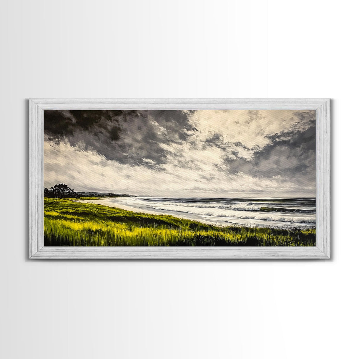 Seaside Serenity, Stormy Ocean, Beach Wall Art, Nature Inspired Decor, Moody Coastal Scene, Yellow Grass, Living Room Artwork, Canvas Print
