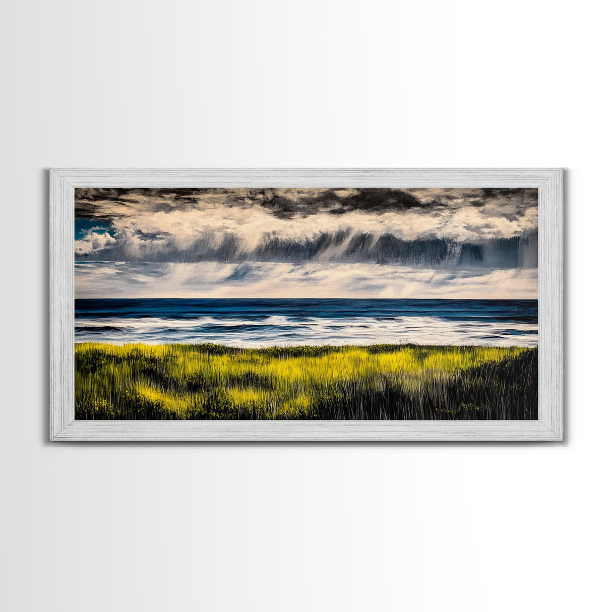 Rain Over Ocean, Blue Seascape, Beach House Decor, Coastal Art, Atmospheric Painting, Nature Inspired, Office Wall Art, Framed Canvas Print