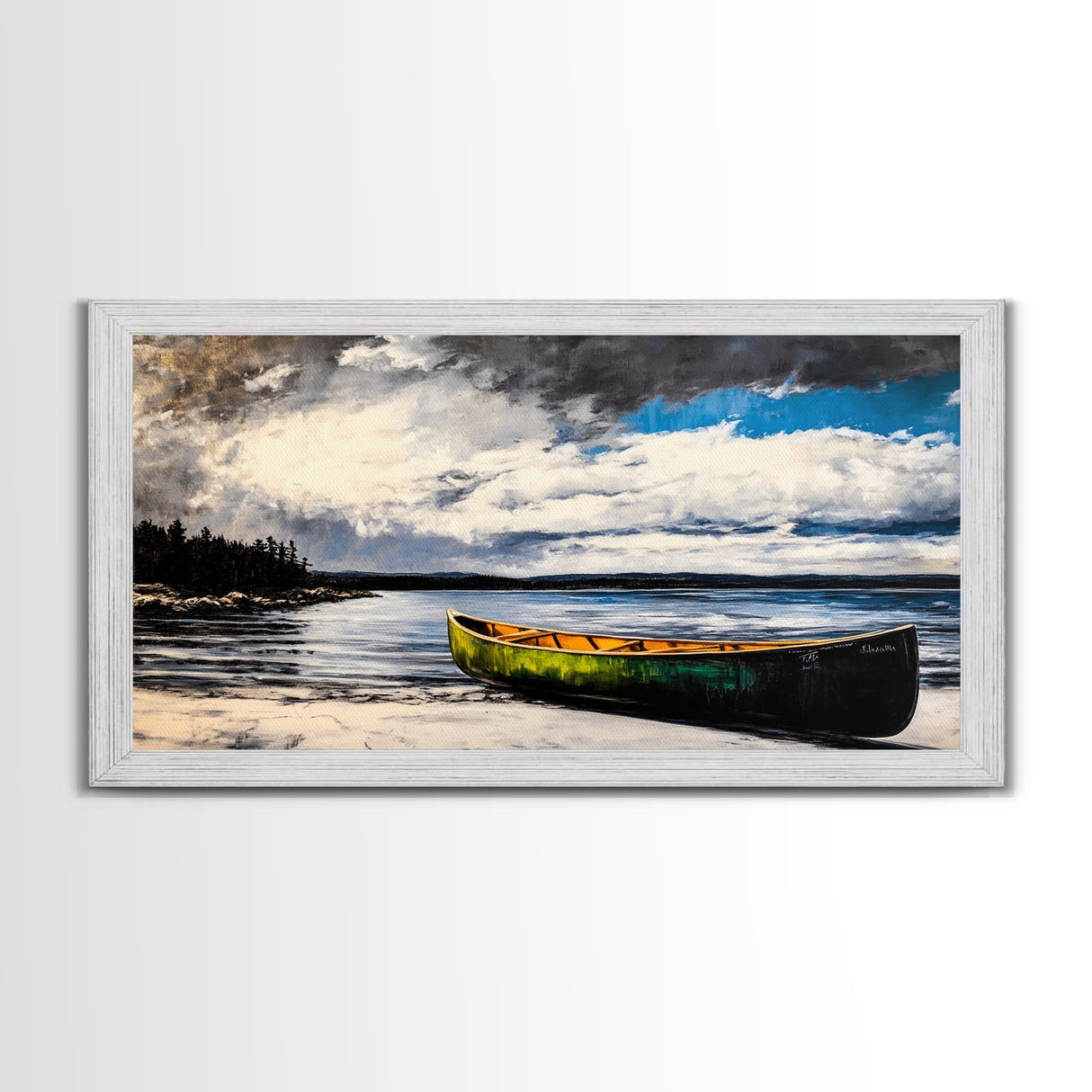 Green Canoe, Tranquil Art, Lake Landscape, Serene Cabin Wall Art, Adventure Home Decor, Living Room Art, Framed Canvas Print