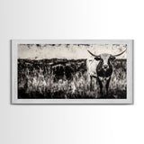 Texas Longhorn, Rustic Farmhouse, Black and White Western Art, Framed Canvas Print, Country Home Decor, Rustic Living Room Wall Art