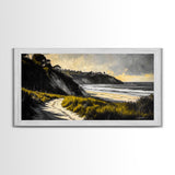 Coastal Path, Ocean View, Beach Sunset, Framed Canvas Print, Modern Wall Art, Landscape Painting, Living Room Art, Nautical Decor