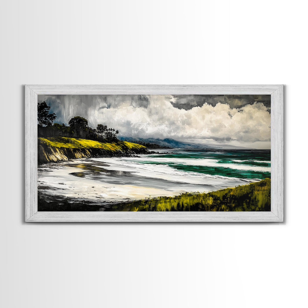 Foggy Shoreline, Rolling Waves, Coastal Landscape, Framed Canvas Print, Beach House Wall Art, Minimalist Decor, Modern Seascape Art