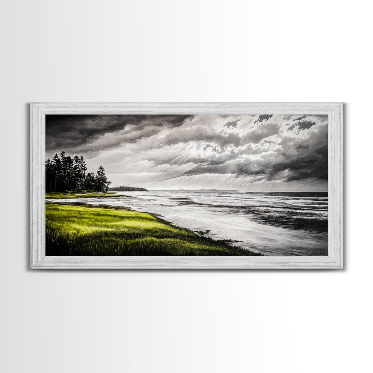 Stormy Beach, Coastal Horizon, Monochrome Landscape, Framed Canvas Print, Minimalist Art, Modern Living Room Decor, Dramatic Ocean Scene