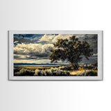 Solitary Tree, Dramatic Sky, Western Landscape, Rustic Nature, Southwest Art, Framed Canvas Print, Living Room Decor, Bold Earthy Painting