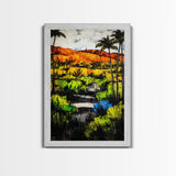 Tropical Landscape, Palm Trees, Sunset Glow, Framed Canvas Print, Vibrant Wall Art, Living Room Decor, Modern Colorful Art, Nature Scene