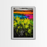 Colorful Prairie, Abstract Fields, Bright Wildflowers, Framed Canvas Print, Vibrant Wall Art, Boho Home Decor, Living Room Statement