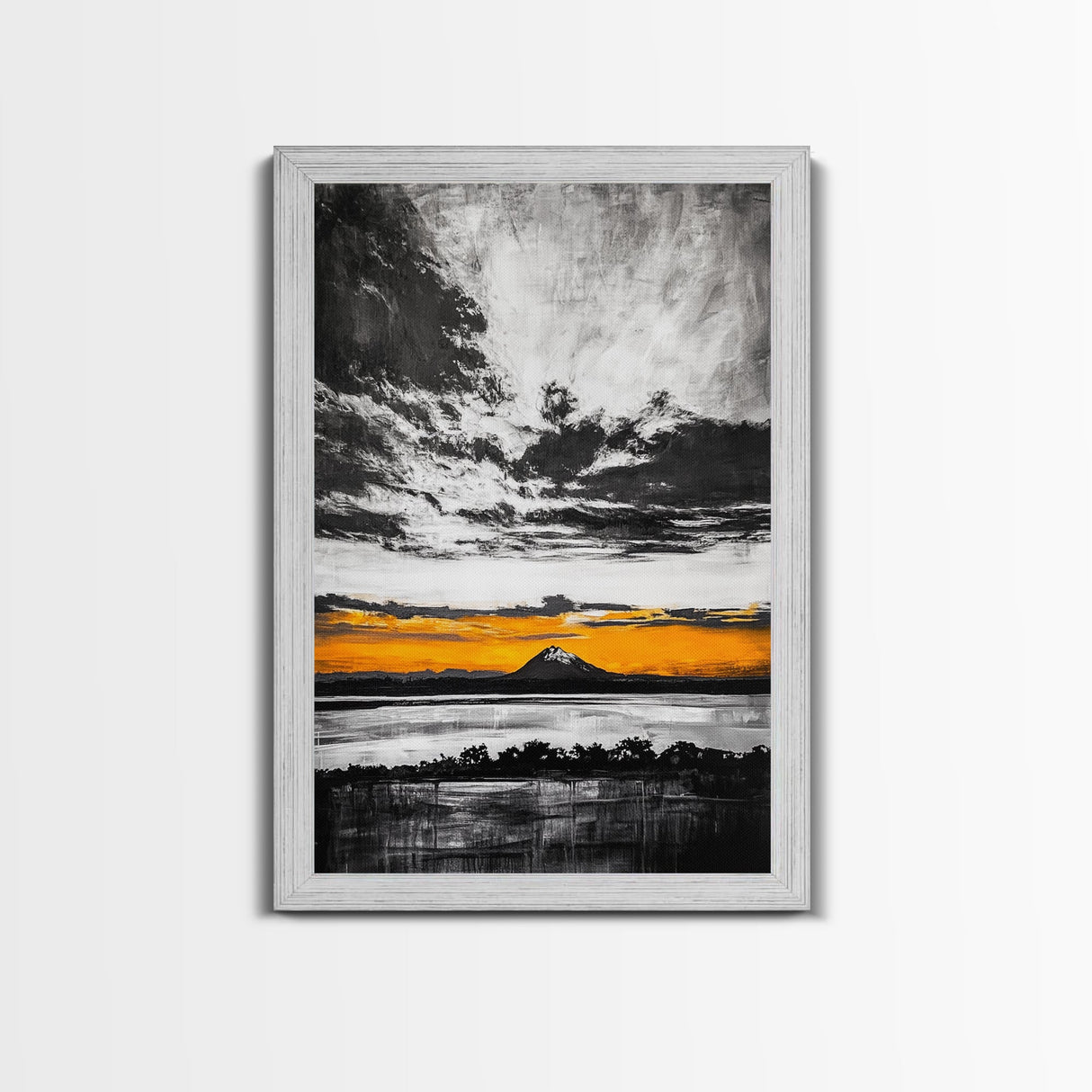 Volcanic Sunset, Black and White, Dramatic Sky, Framed Canvas Print, Moody Wall Art, Modern Landscape, Office Decor, Nature Aesthetic