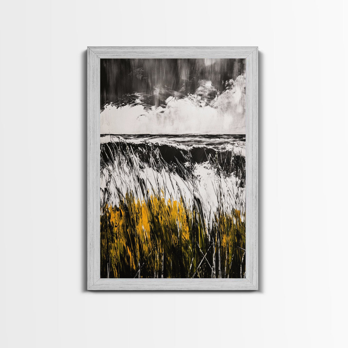 Ocean, Grass, Stormy Weather, Framed Canvas Print, Black and White Seascape, Modern Minimalist Art, Coastal Living, Neutral Wall Decor