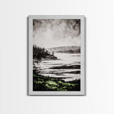 Misty Mountain View, Black and White Landscape, Minimalist Nature Wall Art, Bedroom Decor, Framed Canvas Print, Neutral Aesthetic