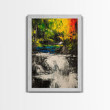 Waterfall Glow, Nature Art, Forest Landscape, Vibrant Painting, Modern Home Decor, Wilderness Retreat, Fall Wall Art, Framed Canvas Print