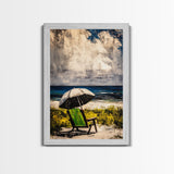 Seaside Relaxation Art, Green Beach Chair, Black White Umbrella, Ocean Scene, Serene Wall Decor, Nautical Home Artwork, Canvas Print