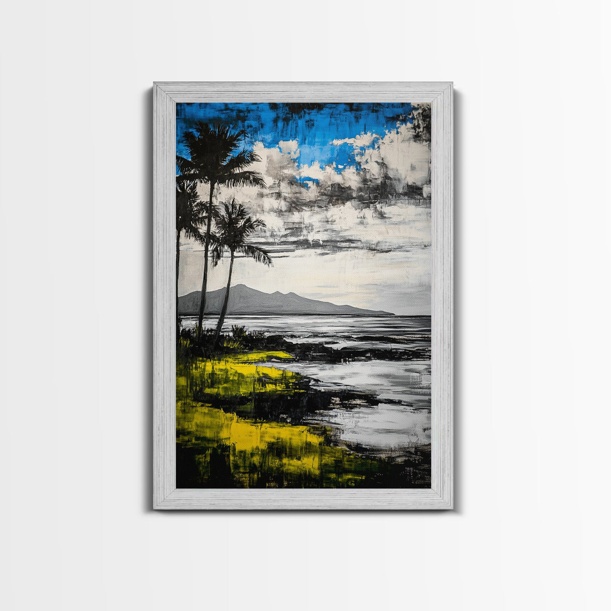 Tropical Beach Scene, Coastal Landscape Art, Black White Blue Yellow, Palm Tree Ocean Decor, Relaxing Home Gift, Framed Canvas Print
