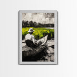 Kayaker River Scene, Black White Green Landscape, Peaceful Nature Art, Adventure Outdoor Wall Decor, Rustic Cabin Gift, Canvas Print