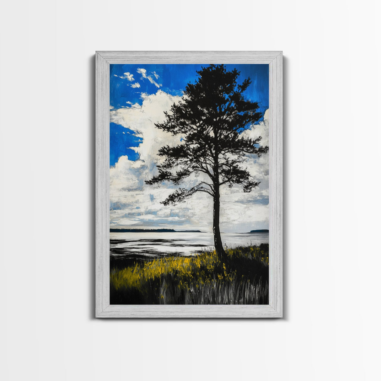 Lone Tree, Coastal Sunset, Blue Sky Painting, Black and White Landscape, Nature Art, Modern Wall Decor, Framed Canvas Print, Tranquil Mood