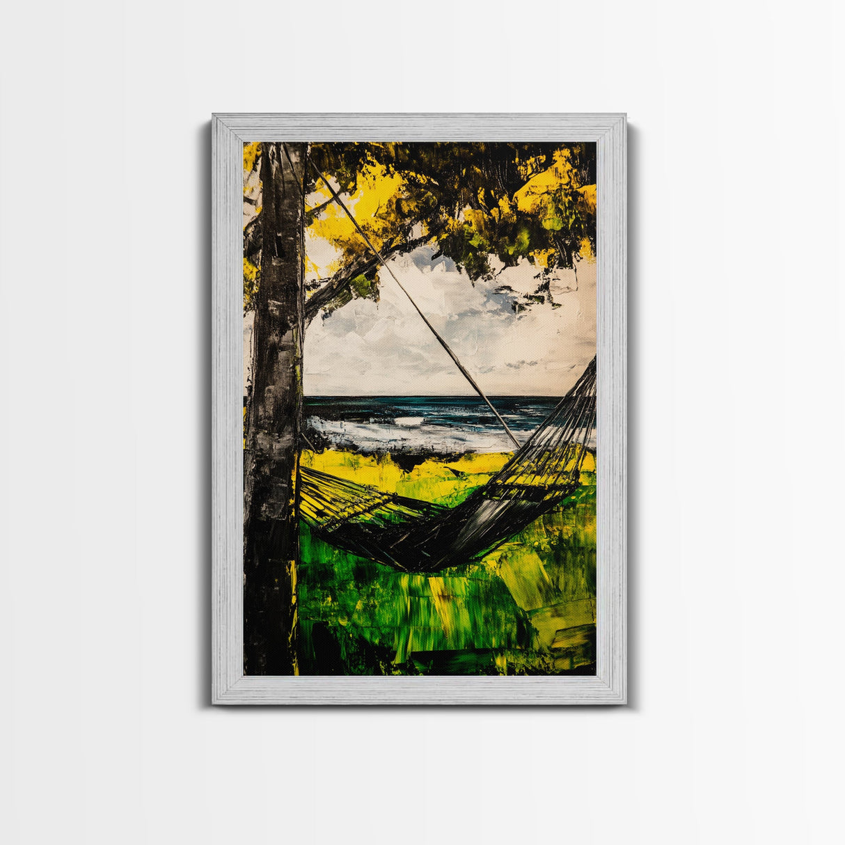 Hammock Breeze, Ocean View, Beach Retreat, Tropical Wall Art, Nature Decor, Black and White Painting, Framed Canvas Print, Coastal Vibes