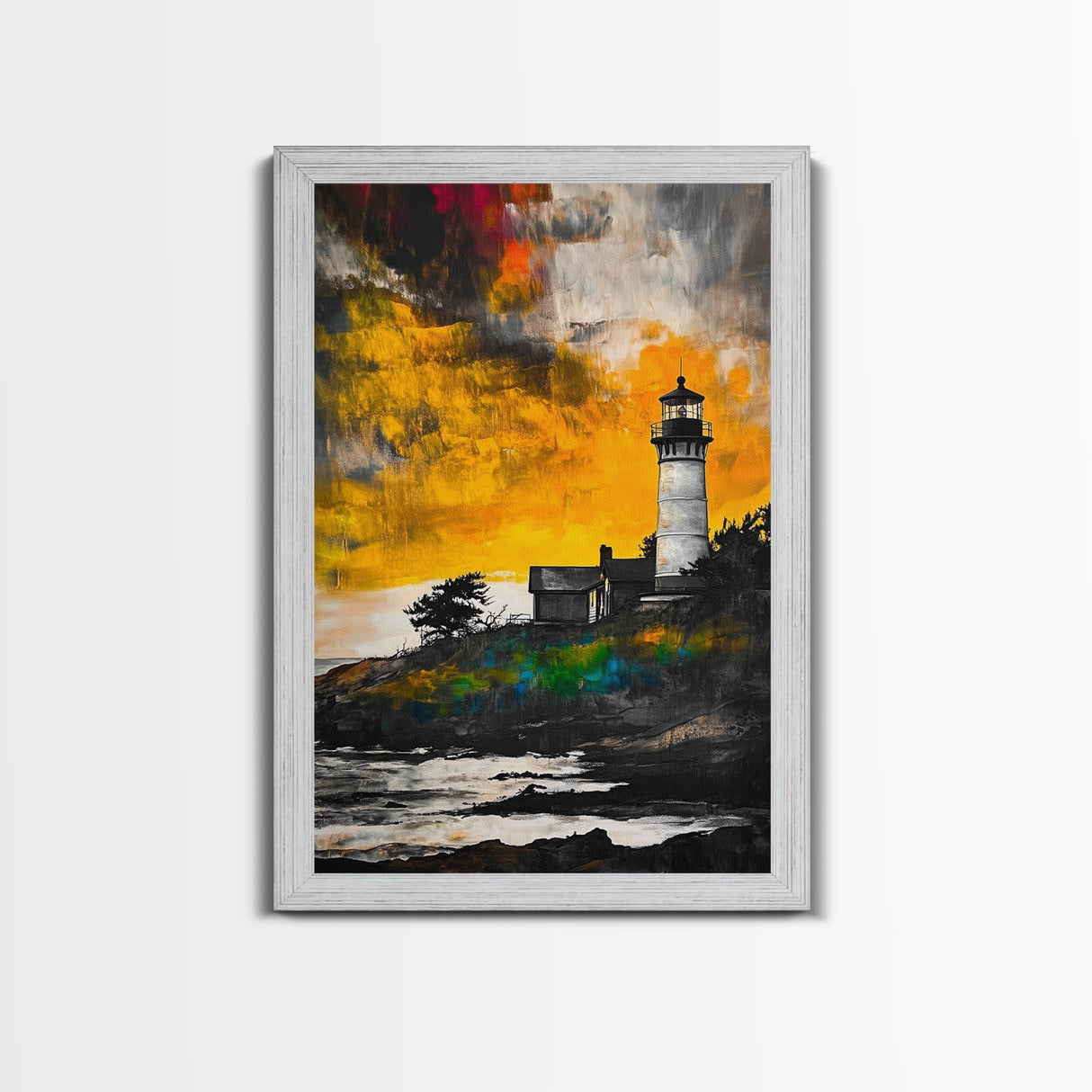 Sunset Lighthouse, Coastal Glow, Nautical Wall Art, Bold Seascape, Beach Home Decor, Warm Tones, Living Room, Canvas Print, Gift Idea