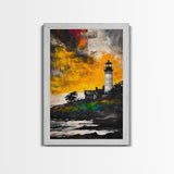 Sunset Lighthouse, Coastal Glow, Nautical Wall Art, Bold Seascape, Beach Home Decor, Warm Tones, Living Room, Canvas Print, Gift Idea