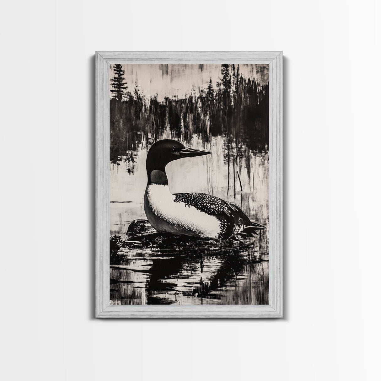 Loon, Lake Reflection, Nature Wall Art, Framed Canvas Print, Black and White Art, Minimalist Decor, Cabin Wall Art, Rustic Home