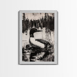 Loon, Lake Reflection, Nature Wall Art, Framed Canvas Print, Black and White Art, Minimalist Decor, Cabin Wall Art, Rustic Home