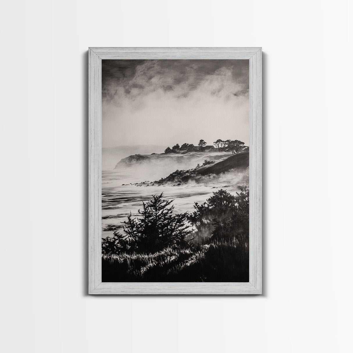 Misty Coast, Black White Art, Framed Canvas Print, Coastal Landscape, Foggy Ocean, Living Room Art, Nautical Decor, Monochrome Art