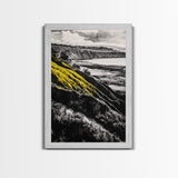 Cliffs, Ocean View, Framed Canvas Print, Coastal Landscape, Beach House Decor, Nature Wall Art, Black White Yellow Art, Scenic View