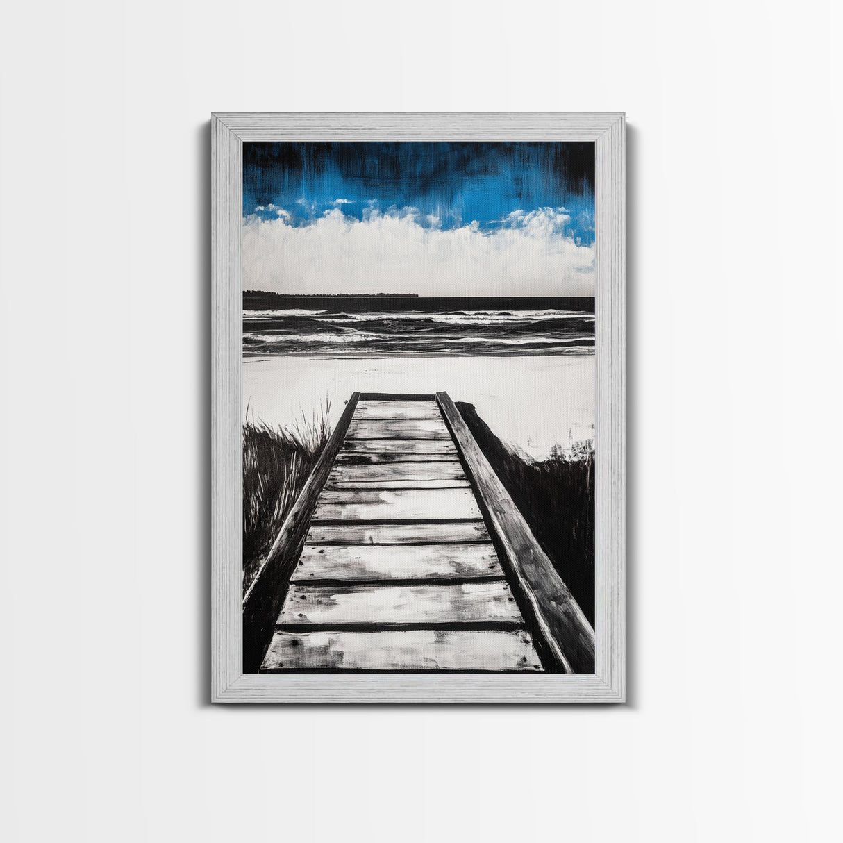 Wooden Path, Beach Walk, Ocean Waves, Framed Canvas Print, Coastal Decor, Minimalist Wall Art, Modern Living Room Art