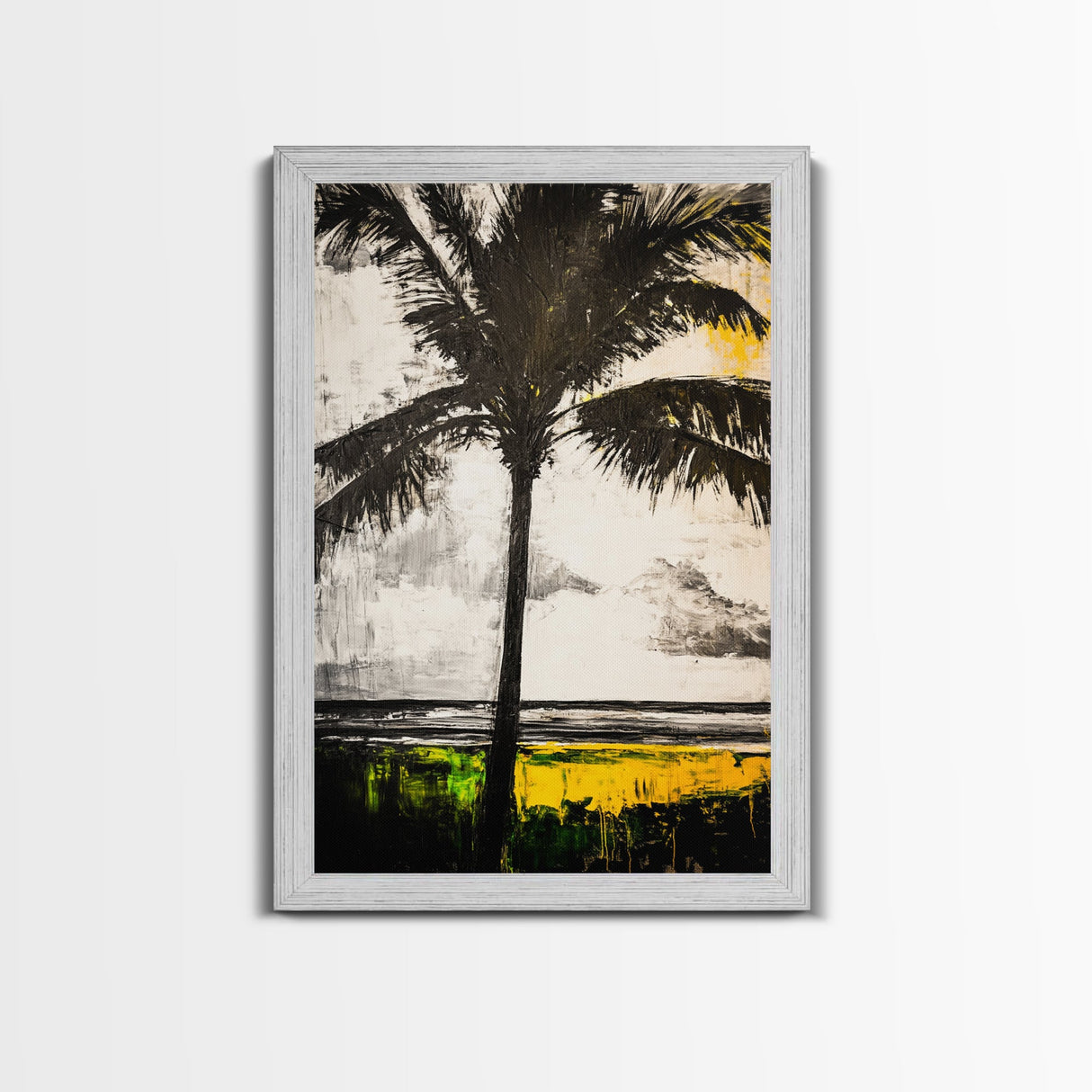 Palm Tree, Tropical Wall Art, Beach House Decor, Relaxing Coastal Print, Island Aesthetic, Monochrome Painting, Framed Canvas Print