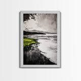 Moody Lake Scene, Black White Green, Framed Canvas Print, Nature Landscape Painting, Serene Wall Art, Contemporary Home Decor